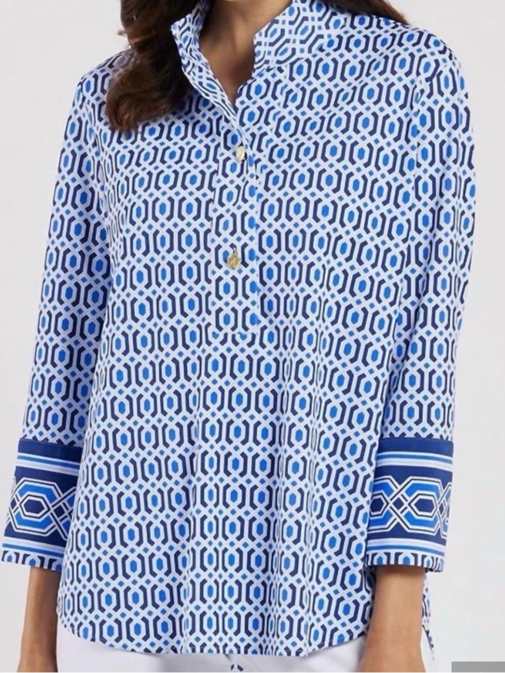 Jude Connally Belinda Blue and White Geometric Print Blouse